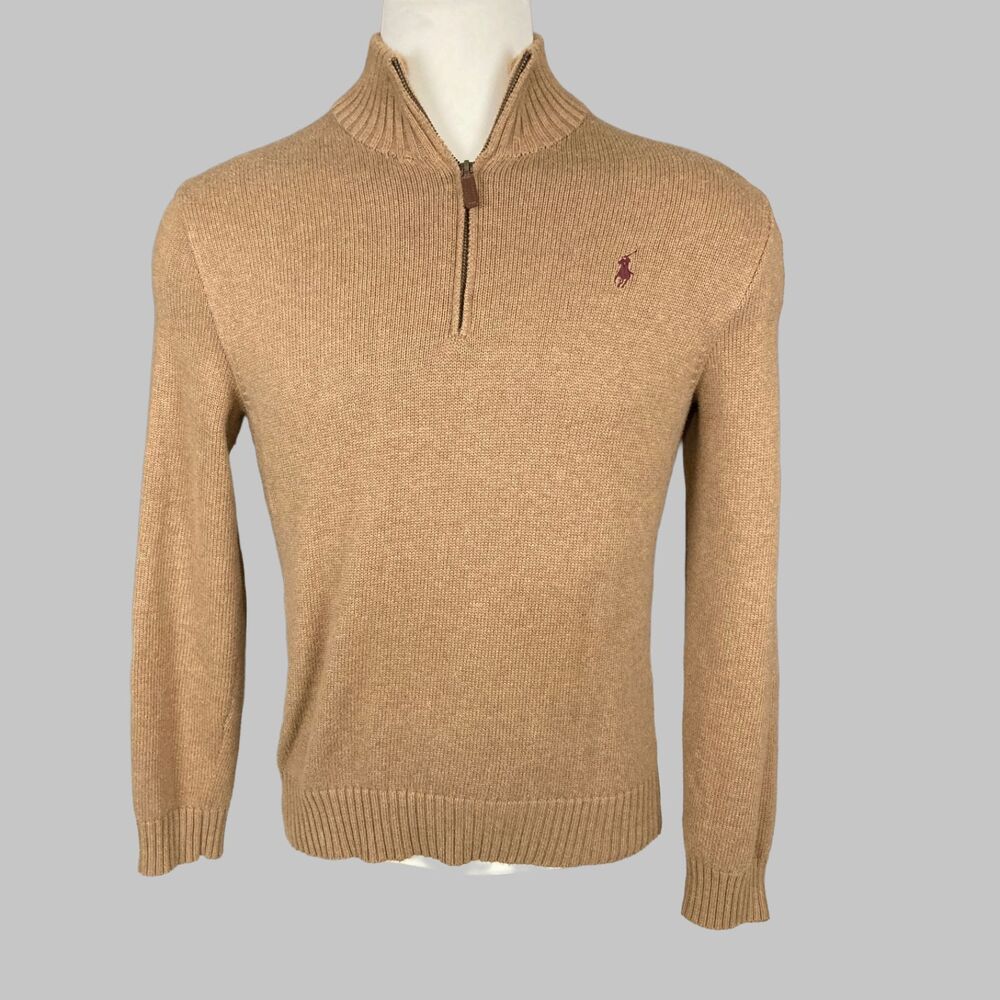 Polo by Ralph Lauren Tan Half-Zip Sweater with Burgundy Logo